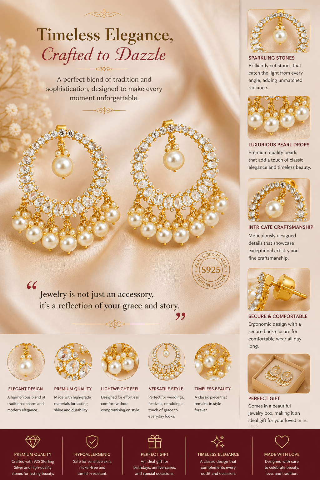 Pearl Chandbali Earrings with Kundan Stone Detailing