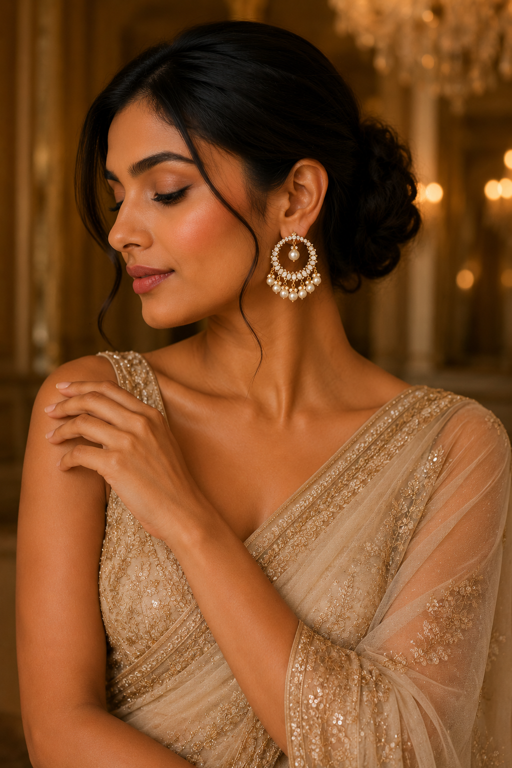Pearl Chandbali Earrings with Kundan Stone Detailing