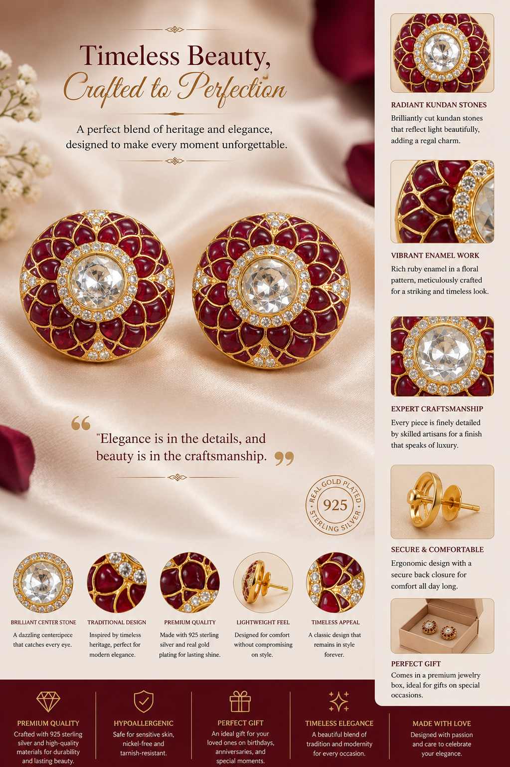 Ruby-Inspired Kundan Stud Earrings with Crystal Detailing