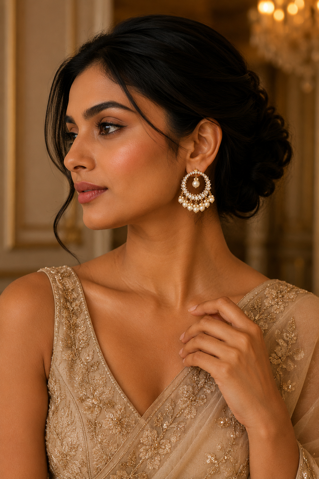 Pearl Chandbali Earrings with Kundan Stone Detailing