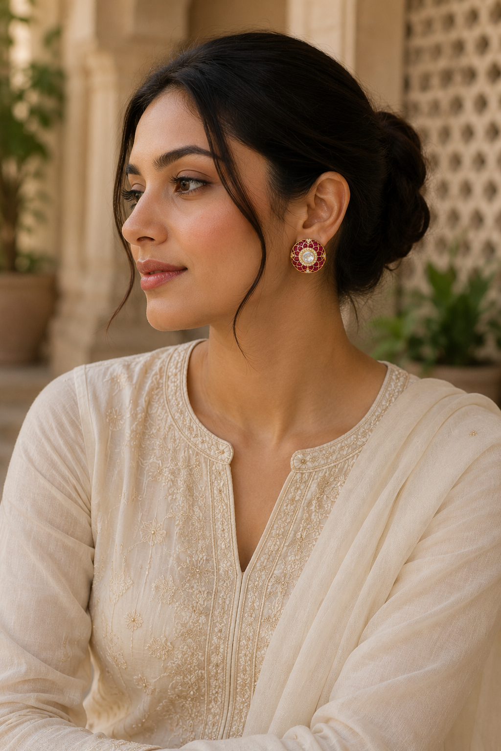 Ruby-Inspired Kundan Stud Earrings with Crystal Detailing