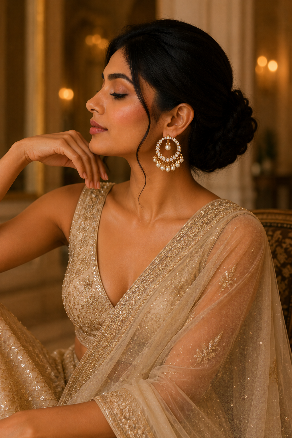 Pearl Chandbali Earrings with Kundan Stone Detailing