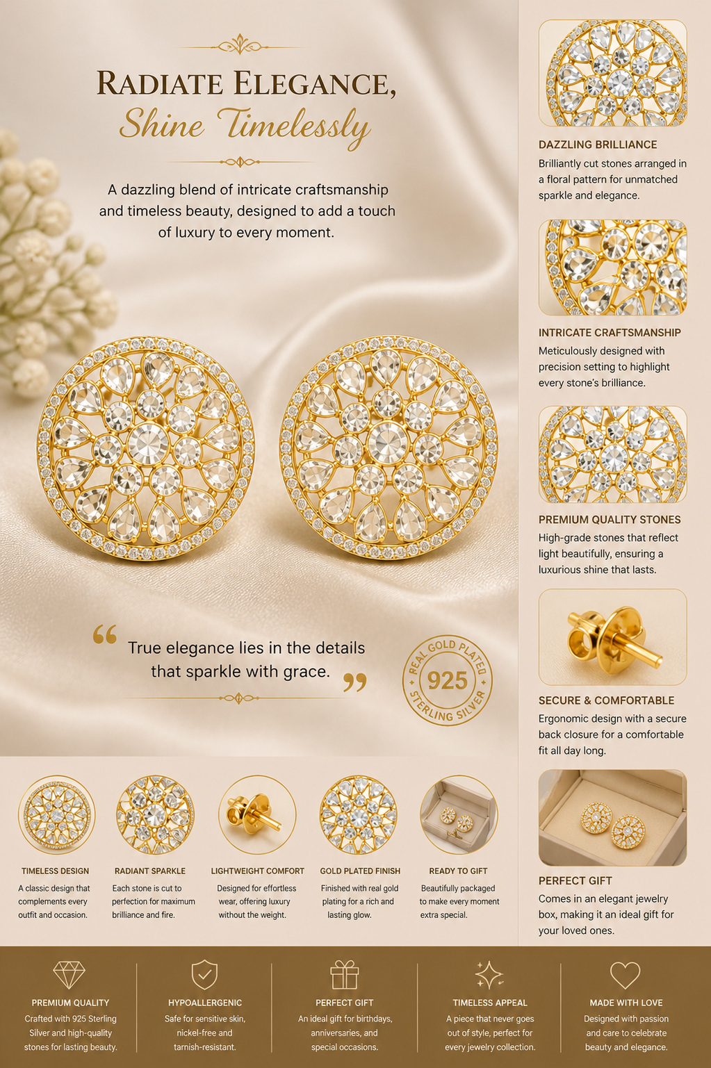 Gold-Tone Floral Kundan Stud Earrings
