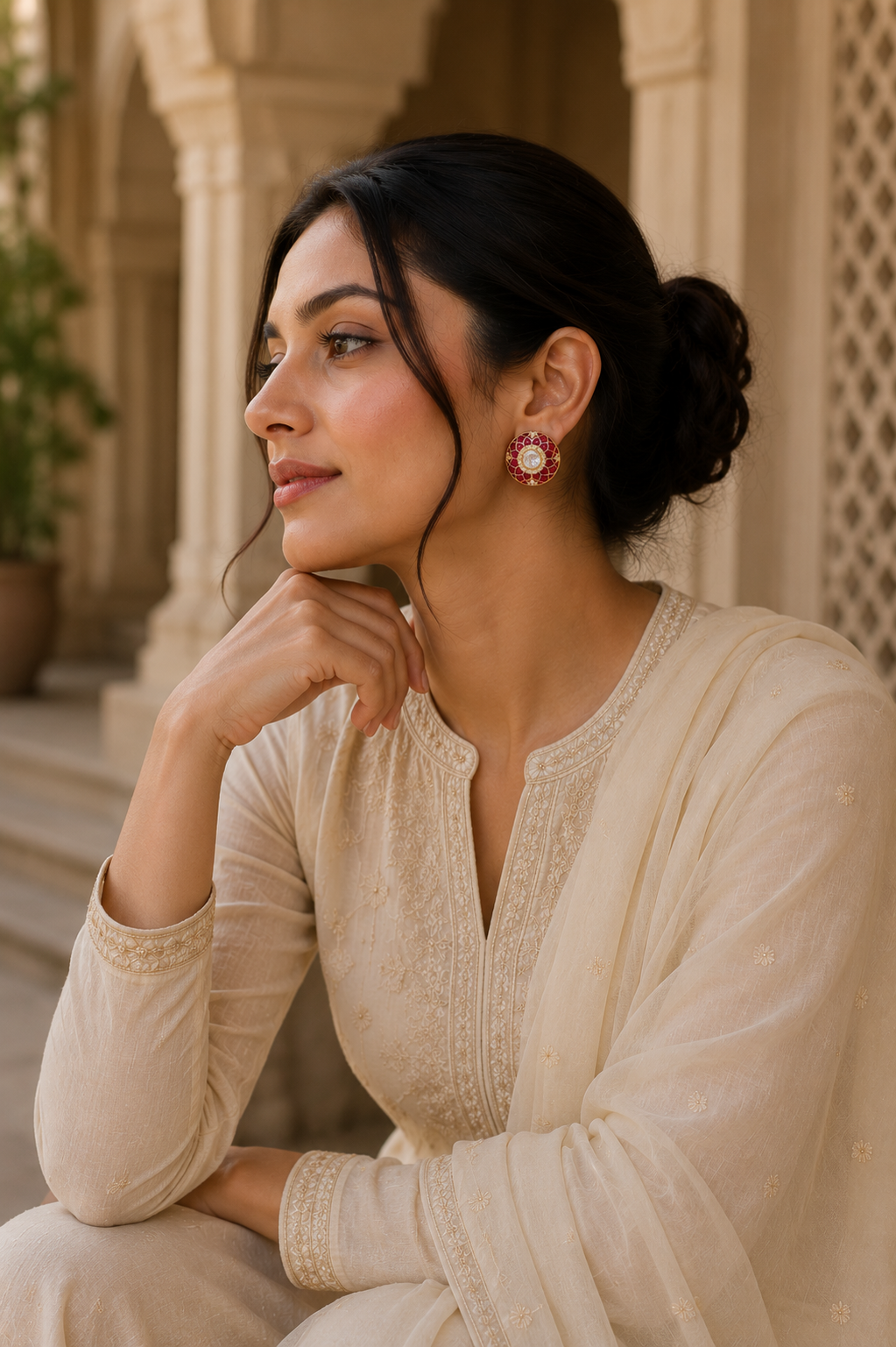 Ruby-Inspired Kundan Stud Earrings with Crystal Detailing