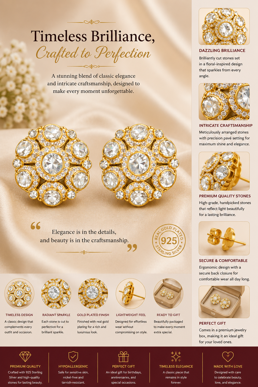 Classic Kundan Round Stud Earrings in Gold Finish
