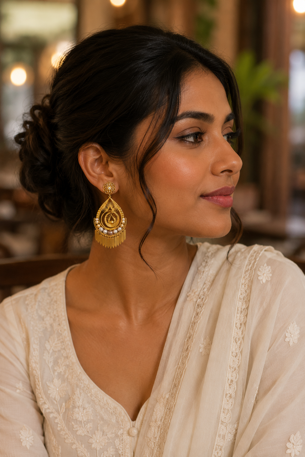 Bohemian Pearl Fringe Drop Earrings in Gold Finish