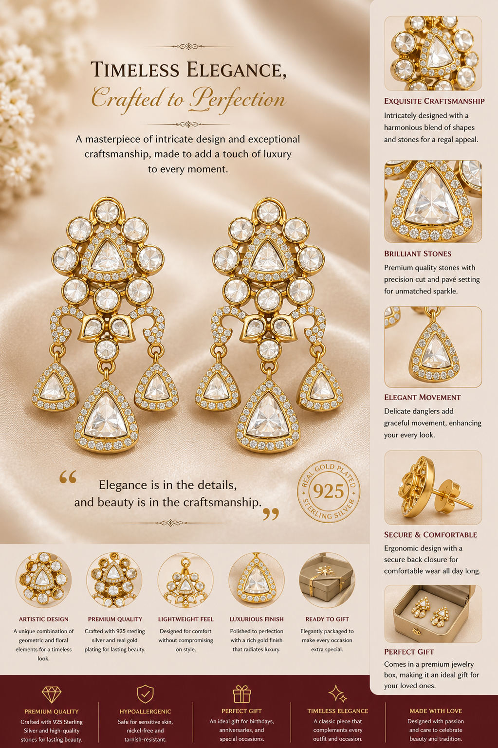 Traditional Kundan Drop Earrings with Geometric Danglers