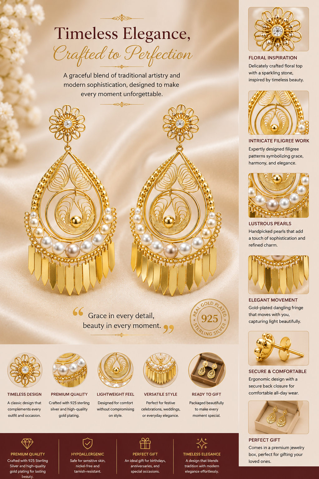 Bohemian Pearl Fringe Drop Earrings in Gold Finish