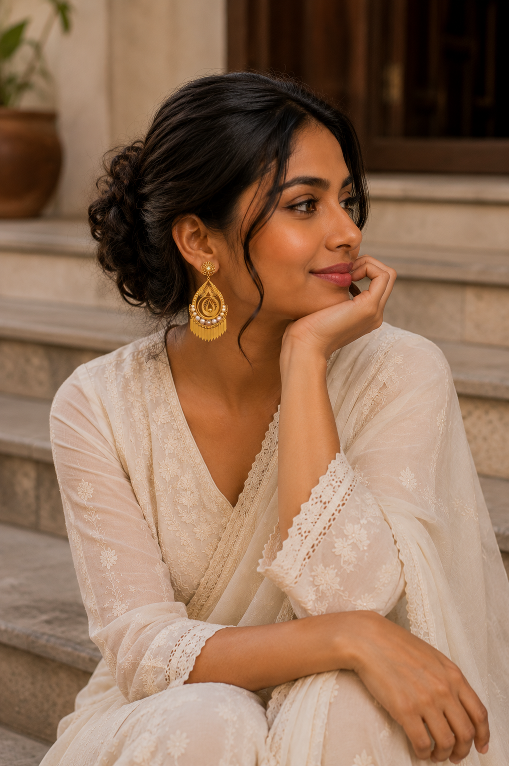 Bohemian Pearl Fringe Drop Earrings in Gold Finish