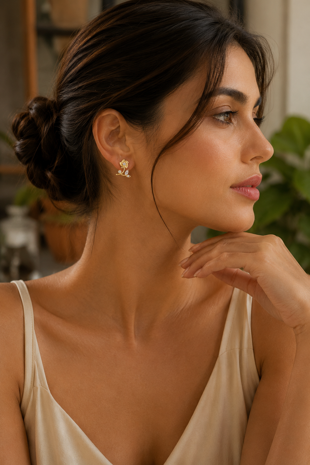 Elegant Gold Floral Diamond Stud Earrings