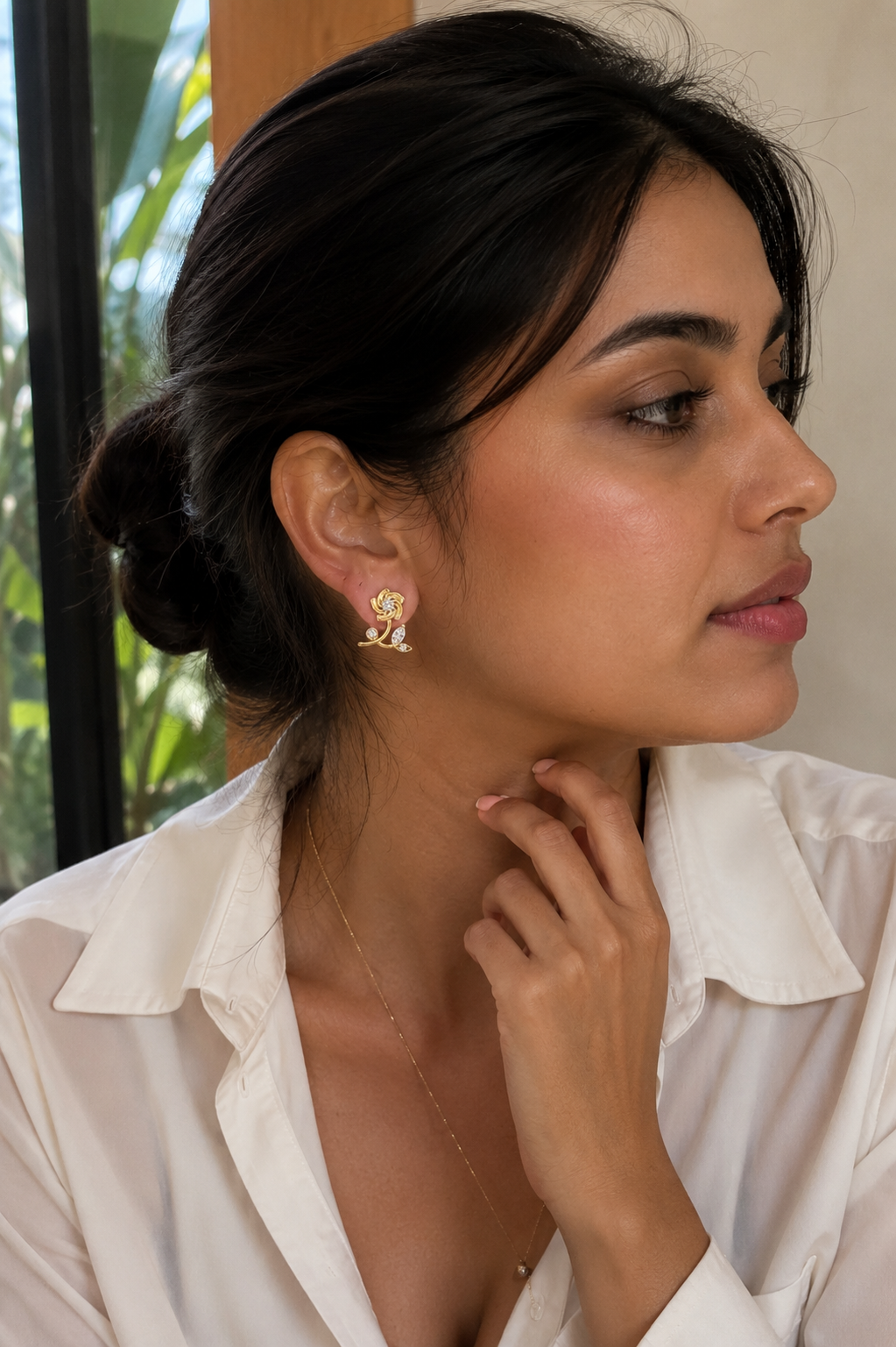 Elegant Gold Floral Diamond Stud Earrings