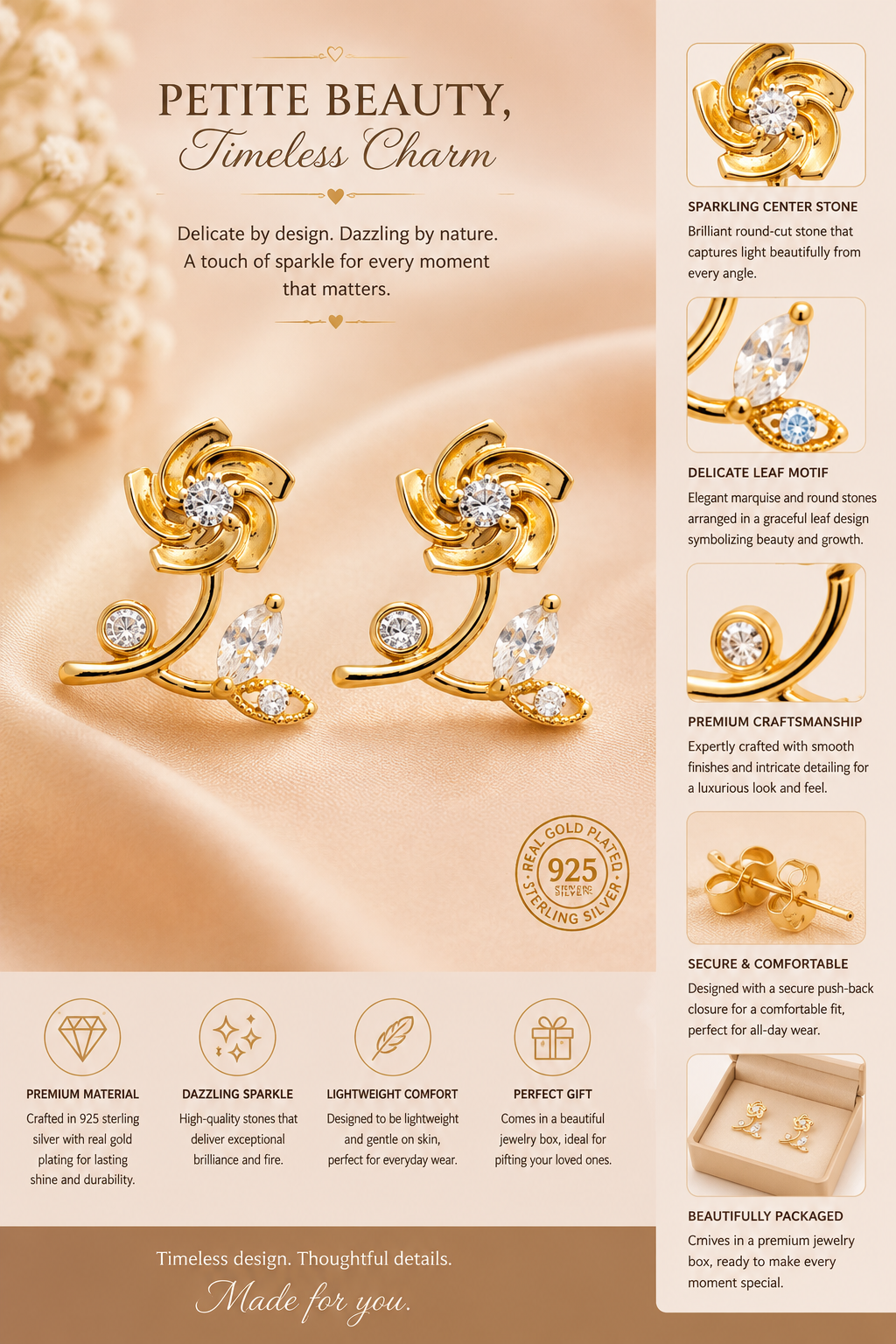 Elegant Gold Floral Diamond Stud Earrings