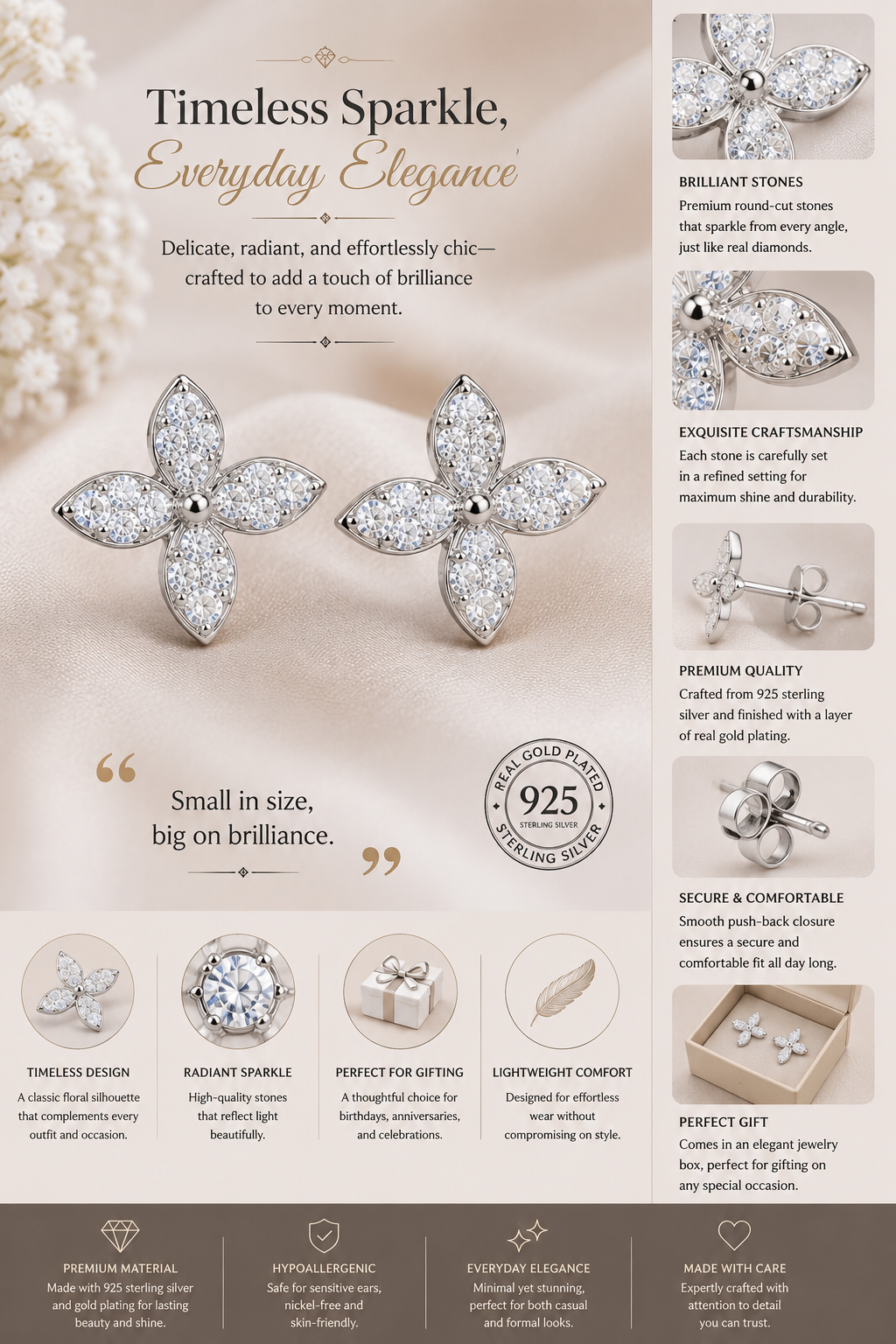 Minimalist Floral Diamond Stud Earrings