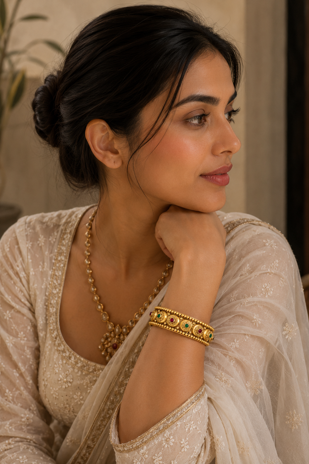 Traditional Temple Gold Bangles with Ruby & Emerald Accents