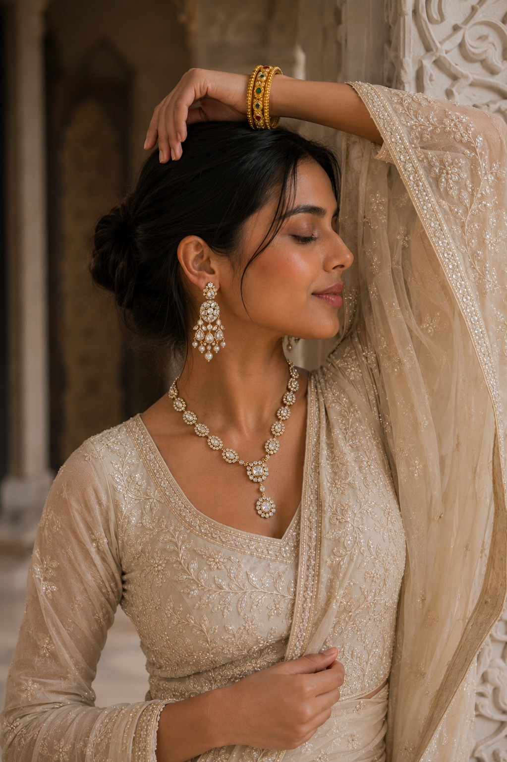 Elegant Pearl-Inspired Gold Necklace Set with Statement Drop Earrings