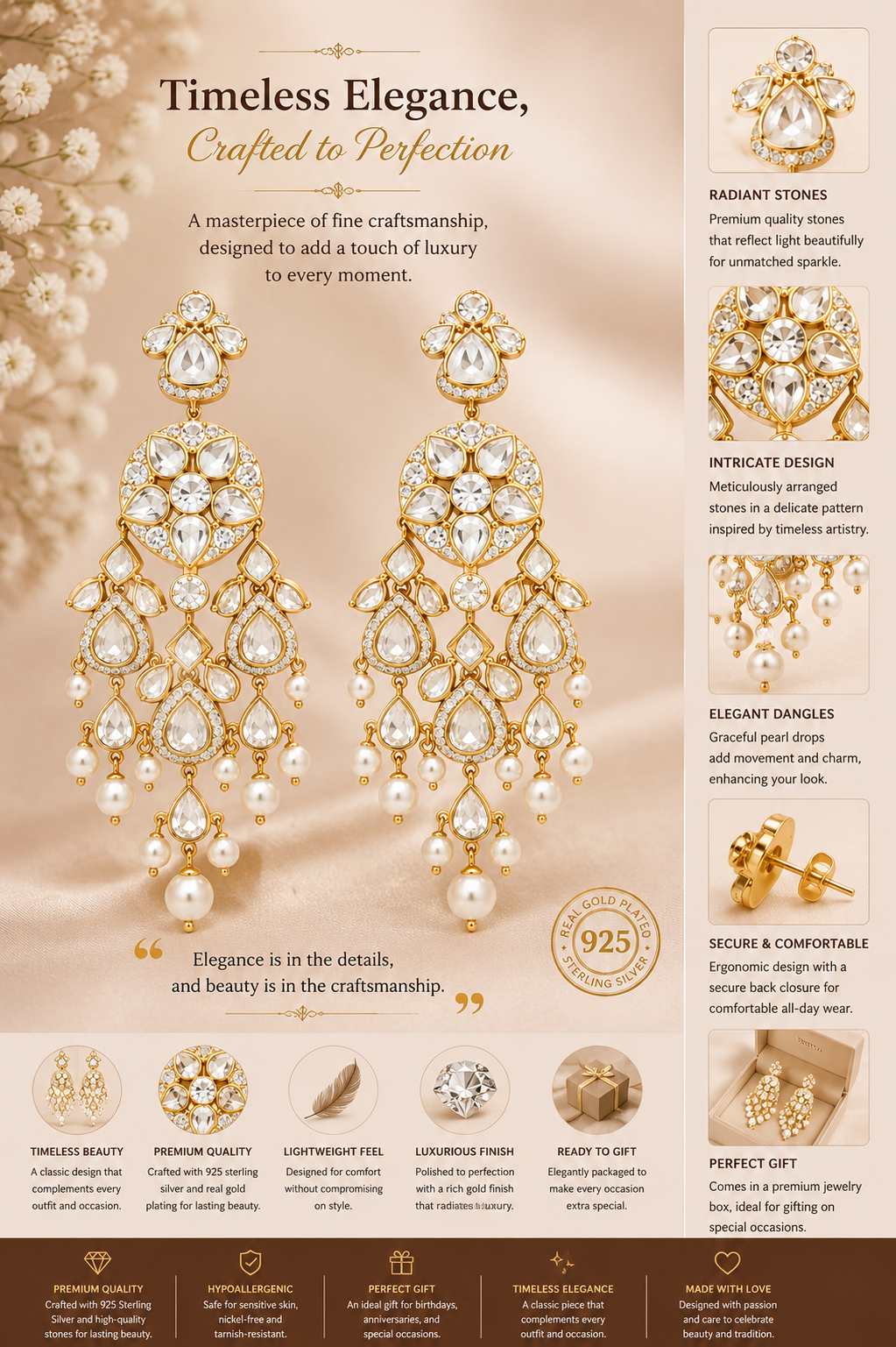 Elegant Pearl-Inspired Gold Necklace Set with Statement Drop Earrings