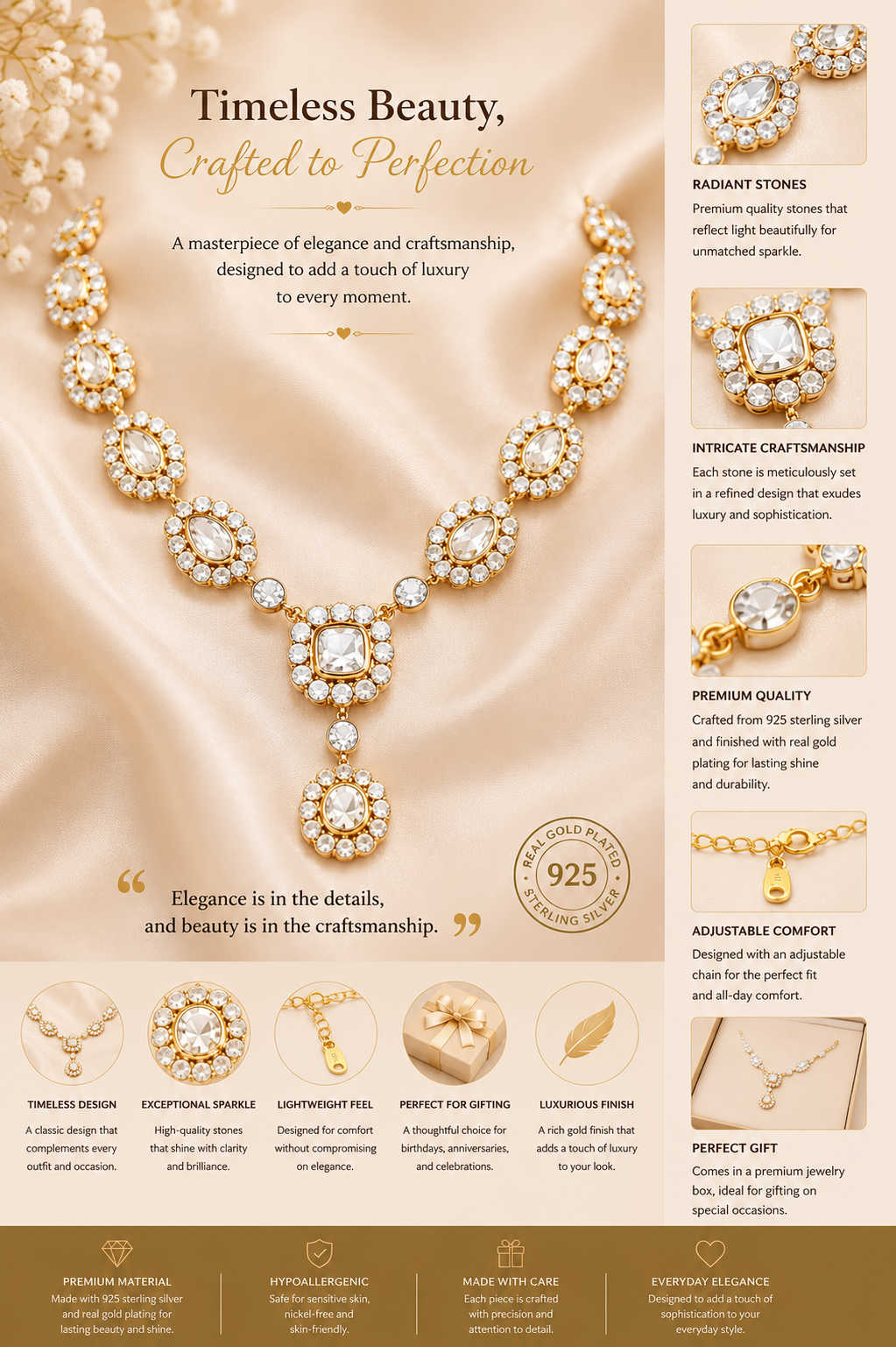 Elegant Pearl-Inspired Gold Necklace Set with Statement Drop Earrings
