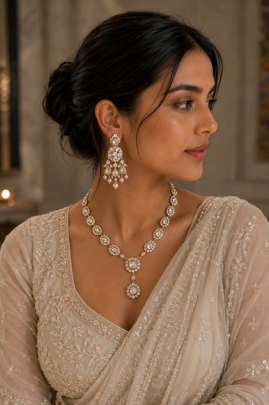 Elegant Pearl-Inspired Gold Necklace Set with Statement Drop Earrings