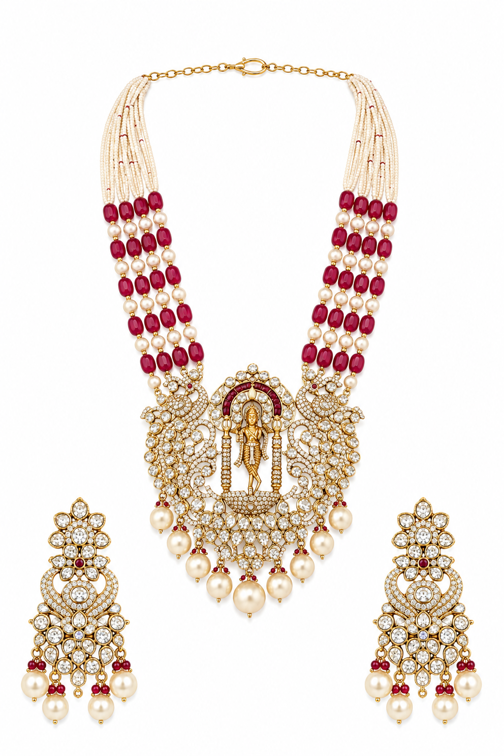 Temple-Inspired Kundan Pearl Necklace Set with Ruby Beads