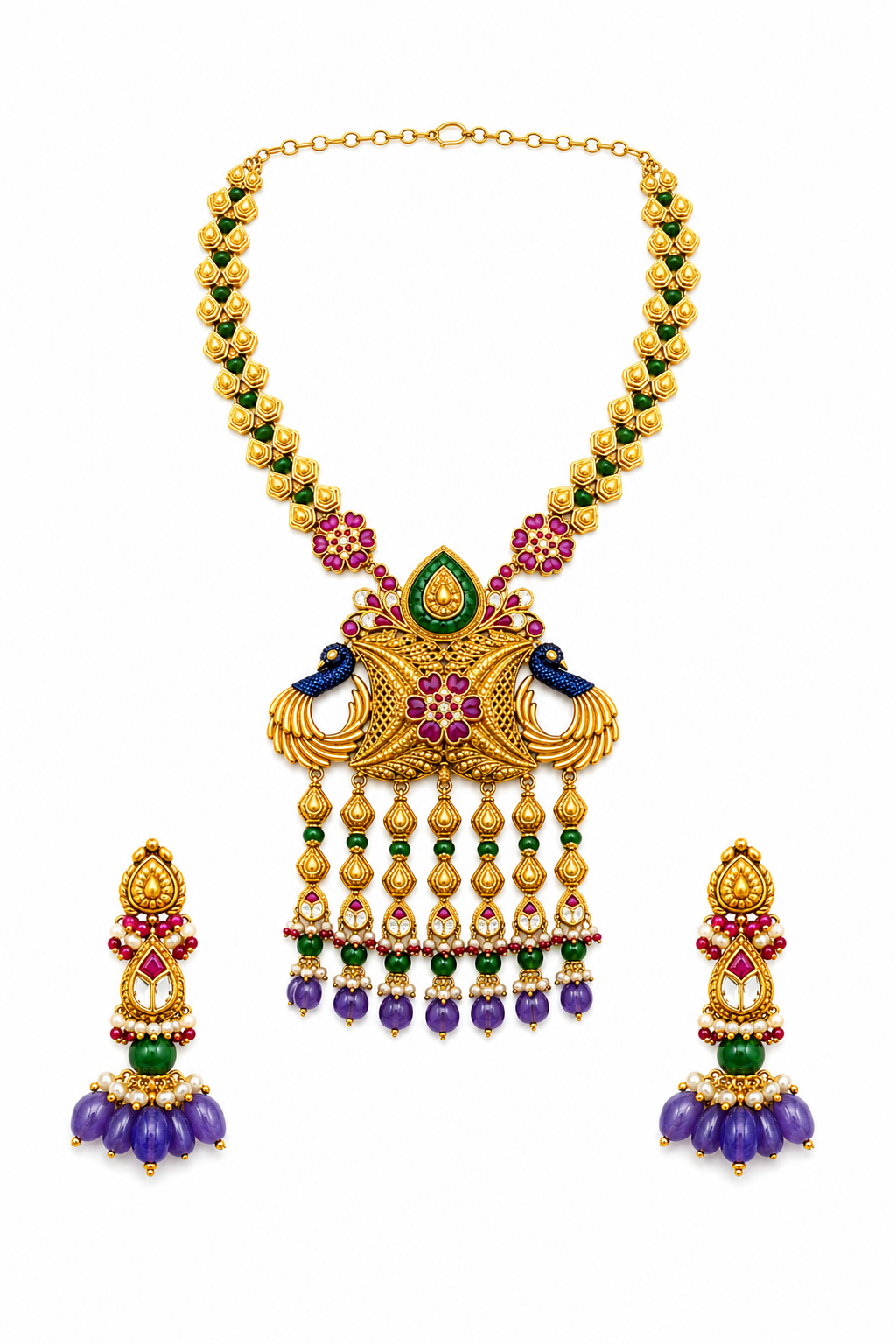 Peacock Motif Temple Jewelry Necklace Set with Multicolor Gemstones