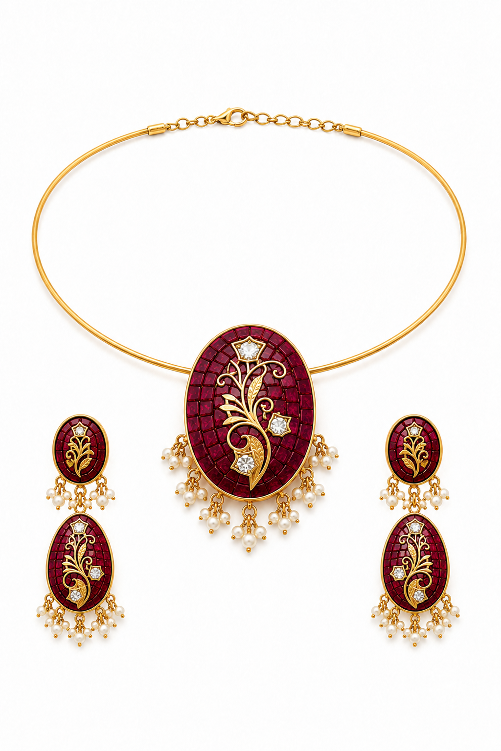 Ruby Mosaic Heritage Pendant Necklace Set with Pearl Drops