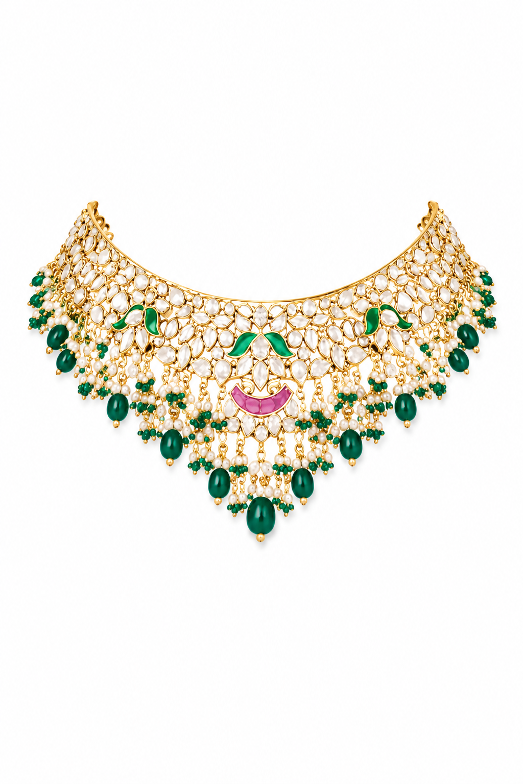 Royal Kundan Emerald Bridal Necklace Set with Jhumka Earrings