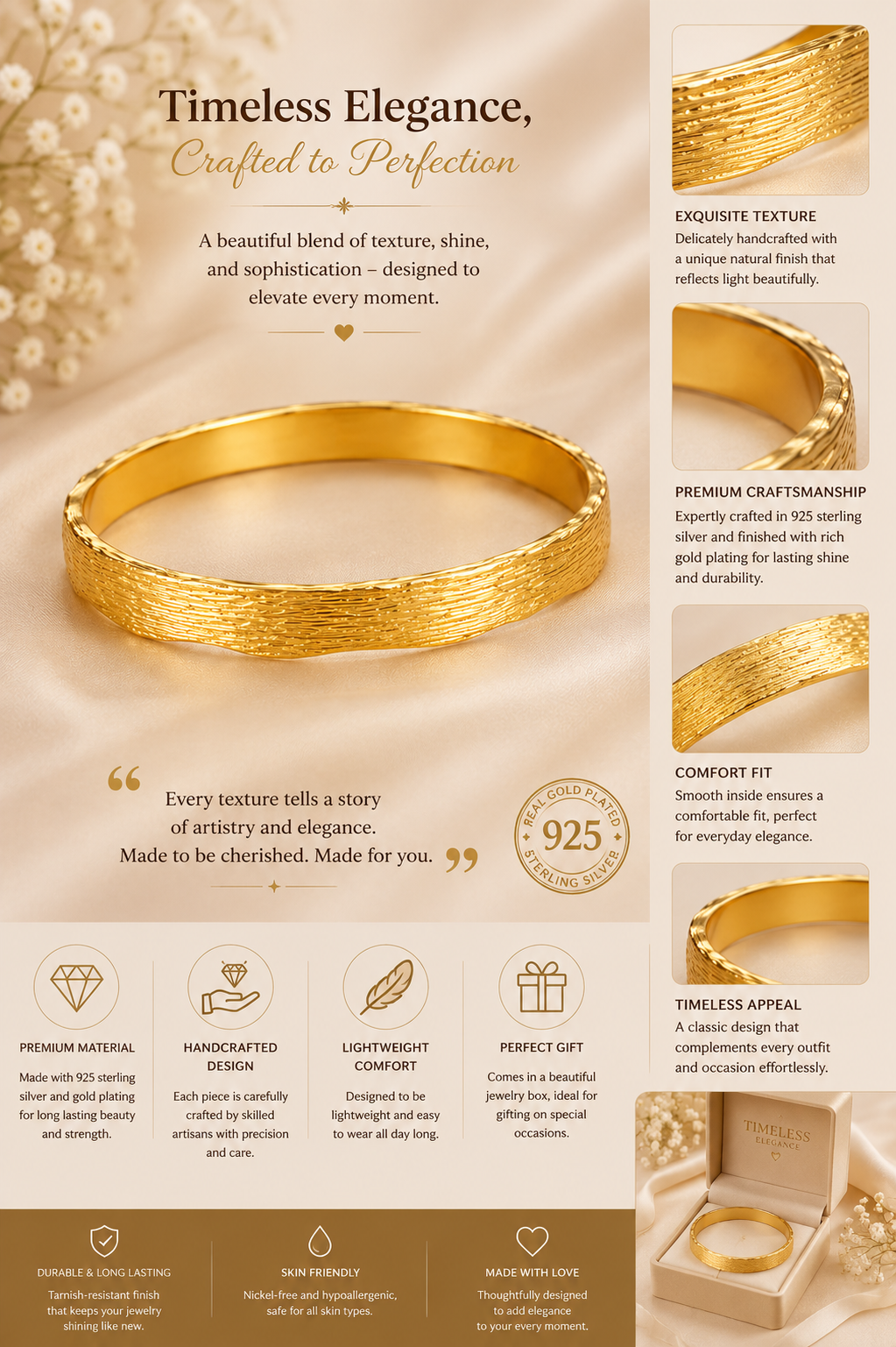 Minimal Textured Gold Bangle