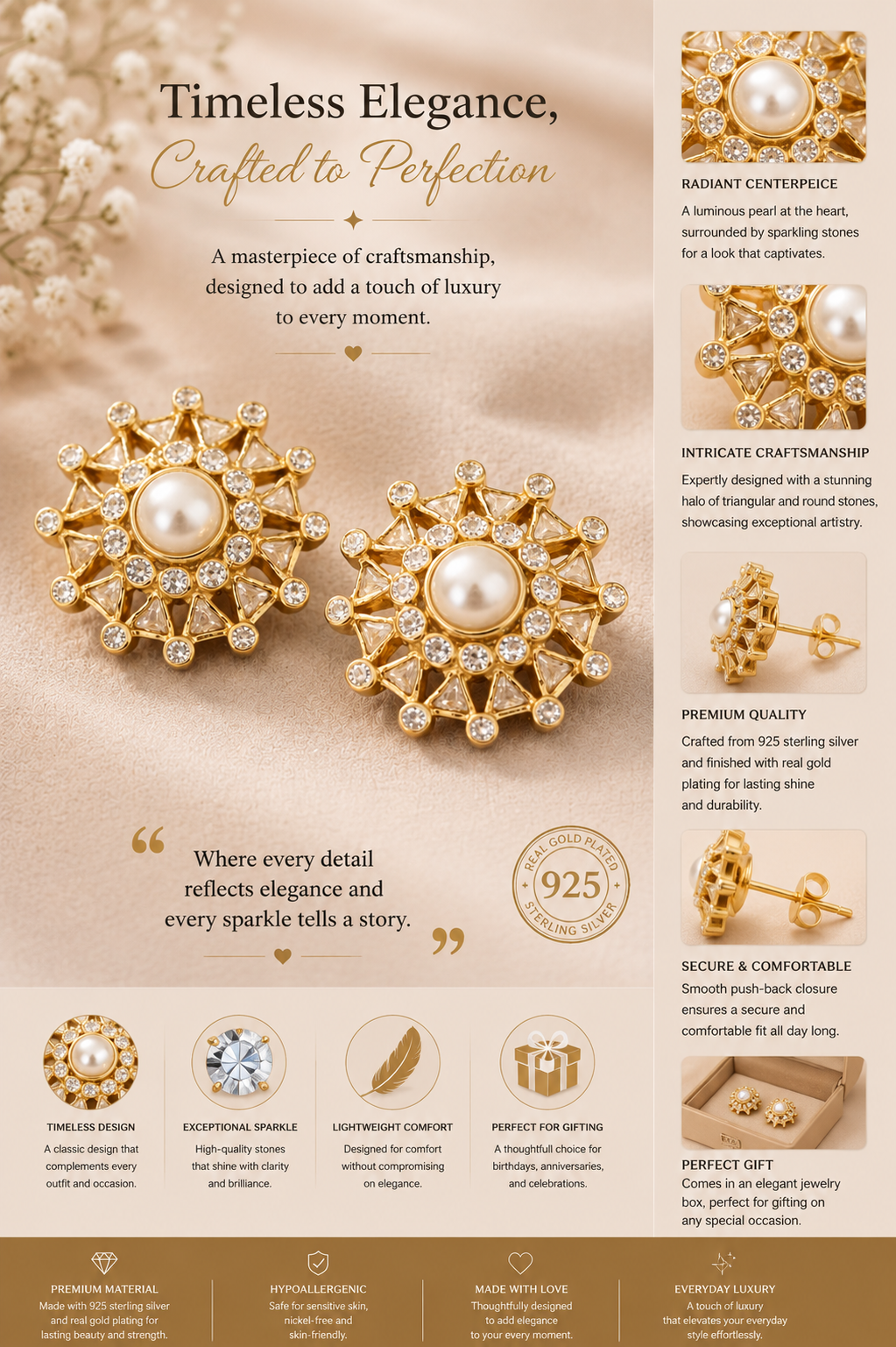 Classic Pearl Halo Gold Stud Earrings