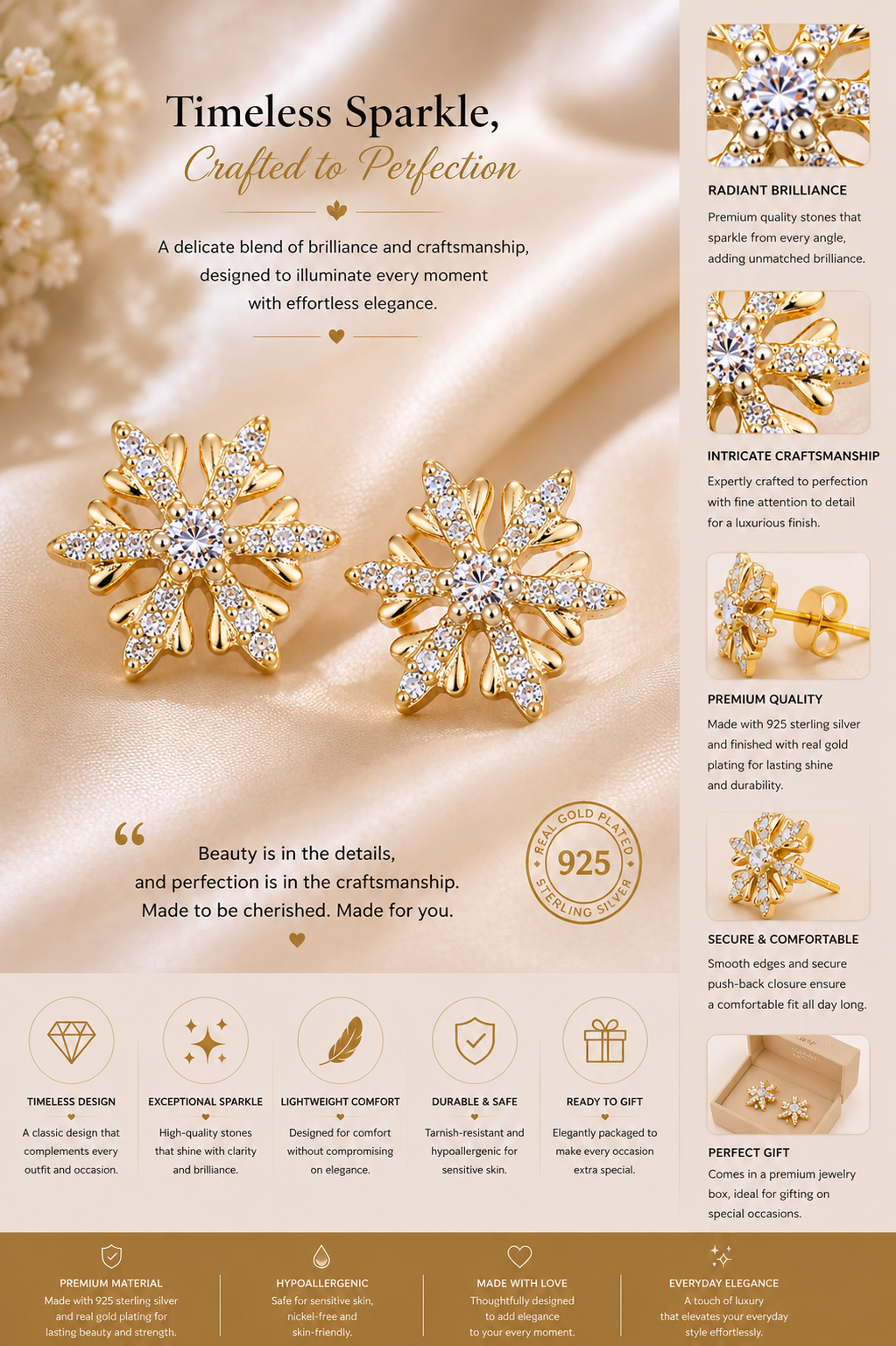 Sparkling Floral Gold Stud Earrings