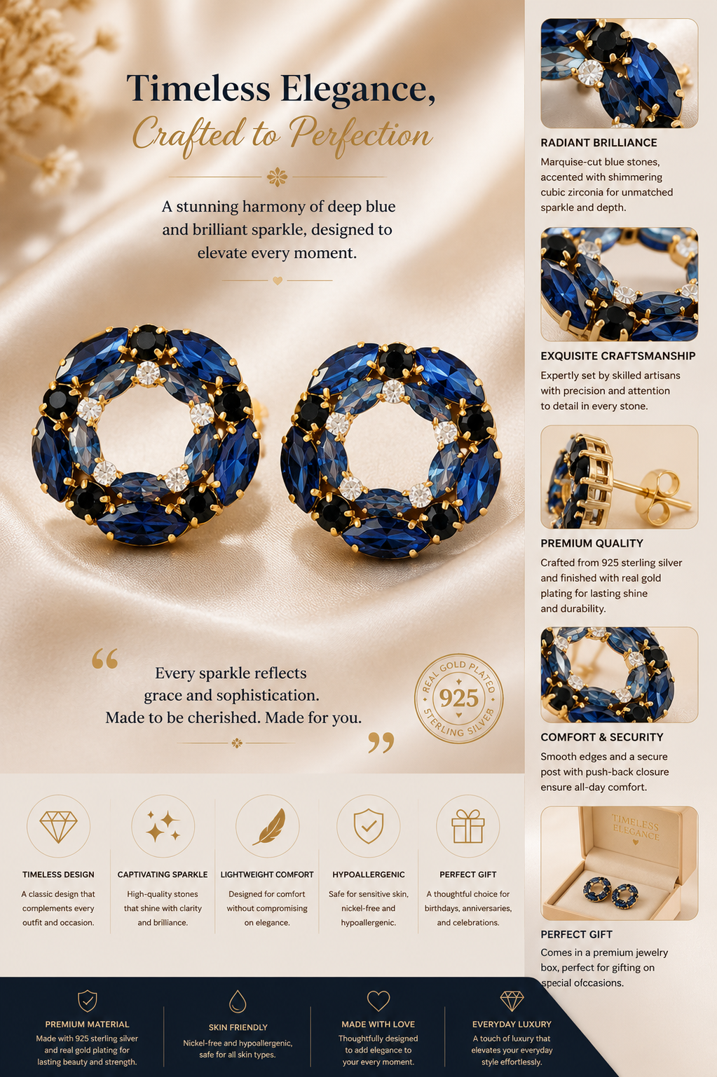 Royal Blue Crystal Halo Stud Earrings