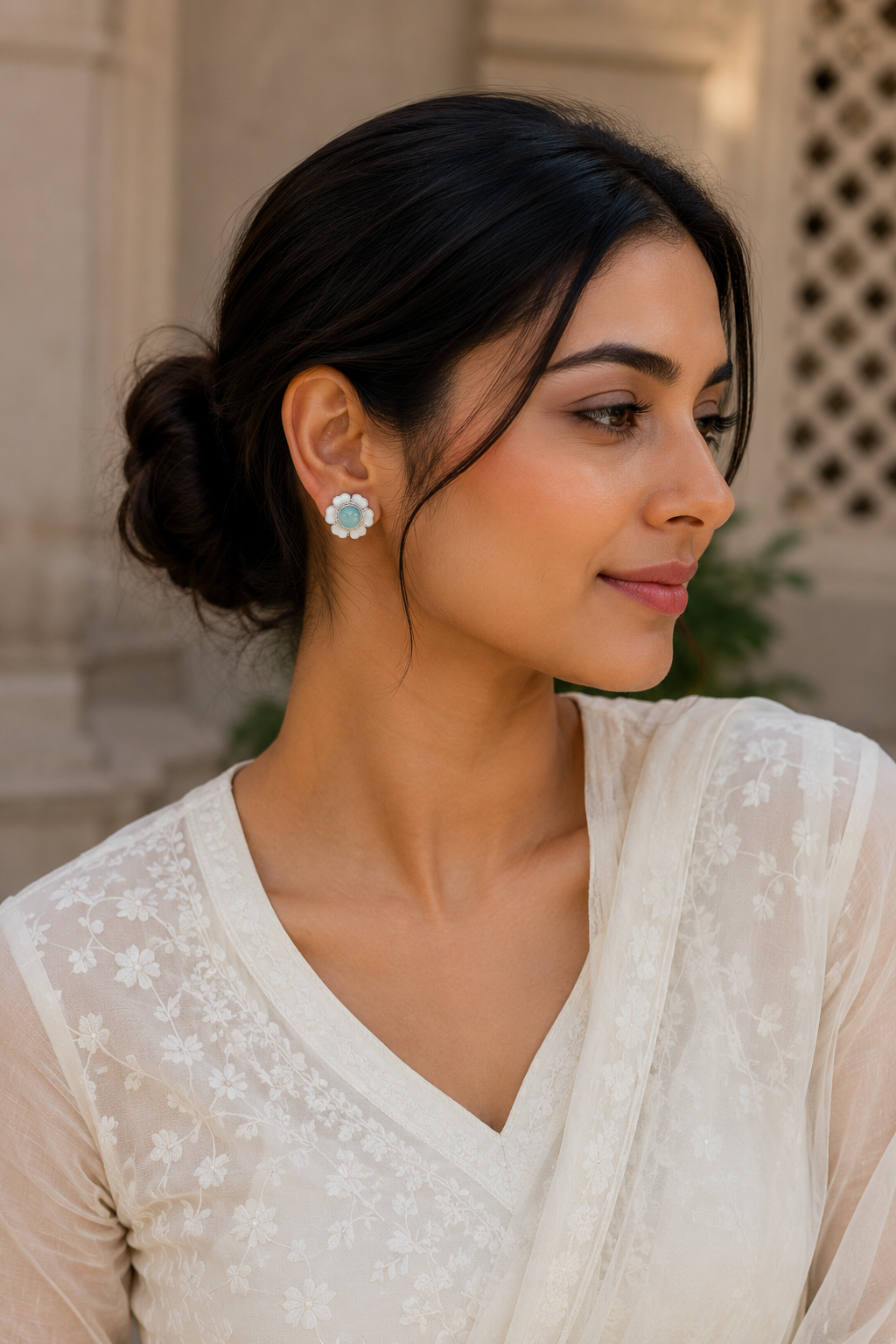 Floral Mint Stone Silver Stud Earrings