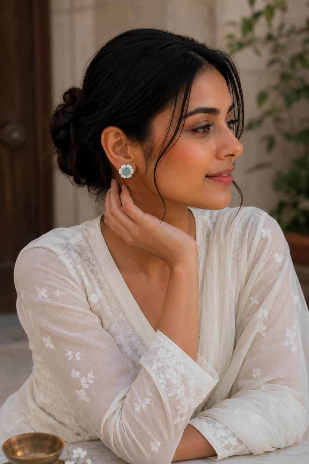 Floral Mint Stone Silver Stud Earrings