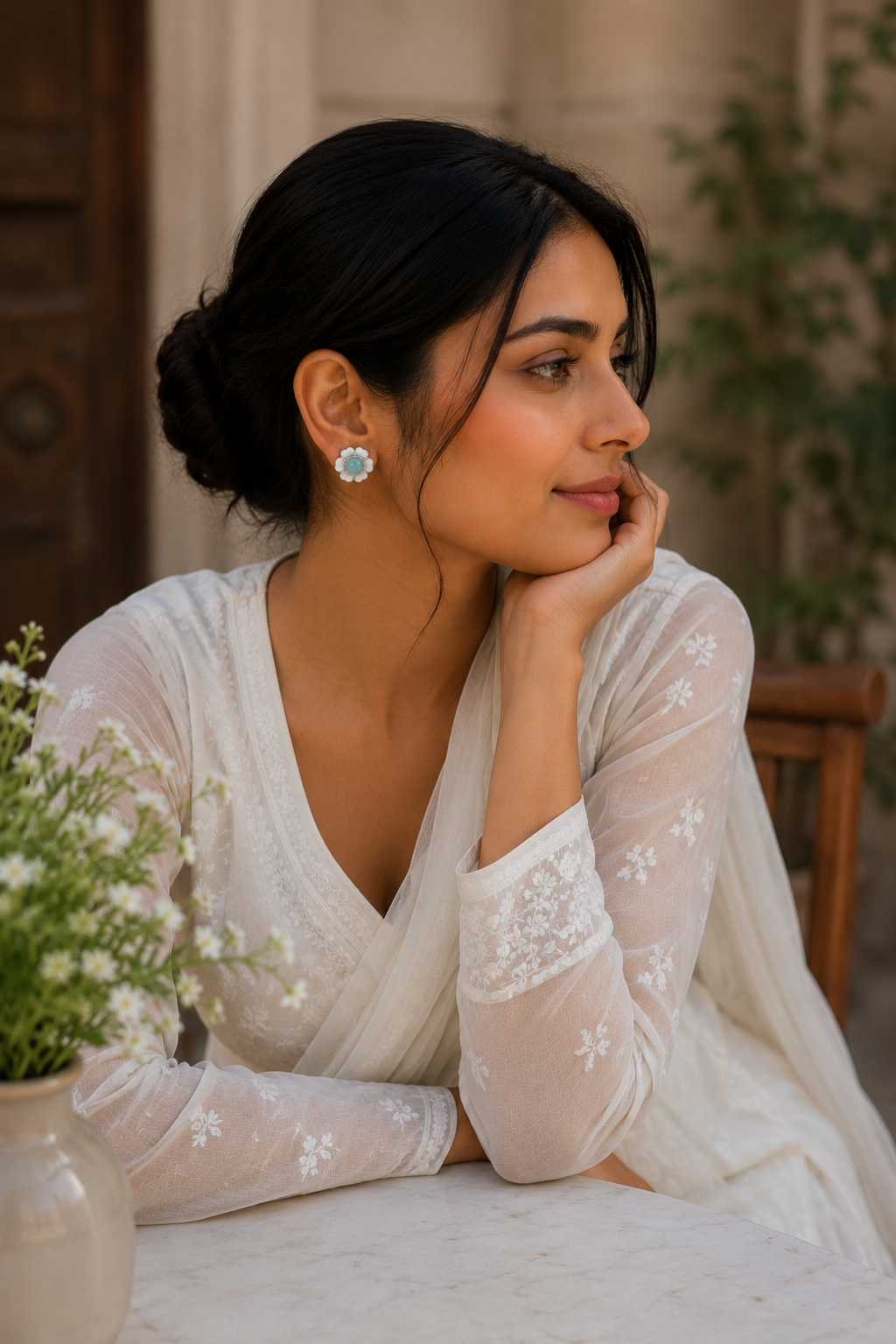 Floral Mint Stone Silver Stud Earrings