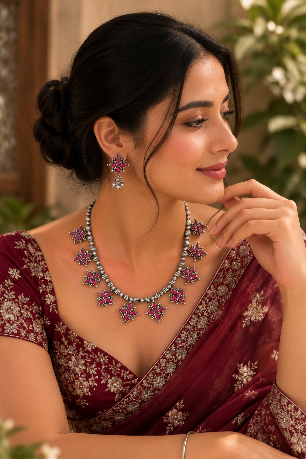 Pink Floral Statement Necklace & Earring Set (Oxidised Finish)