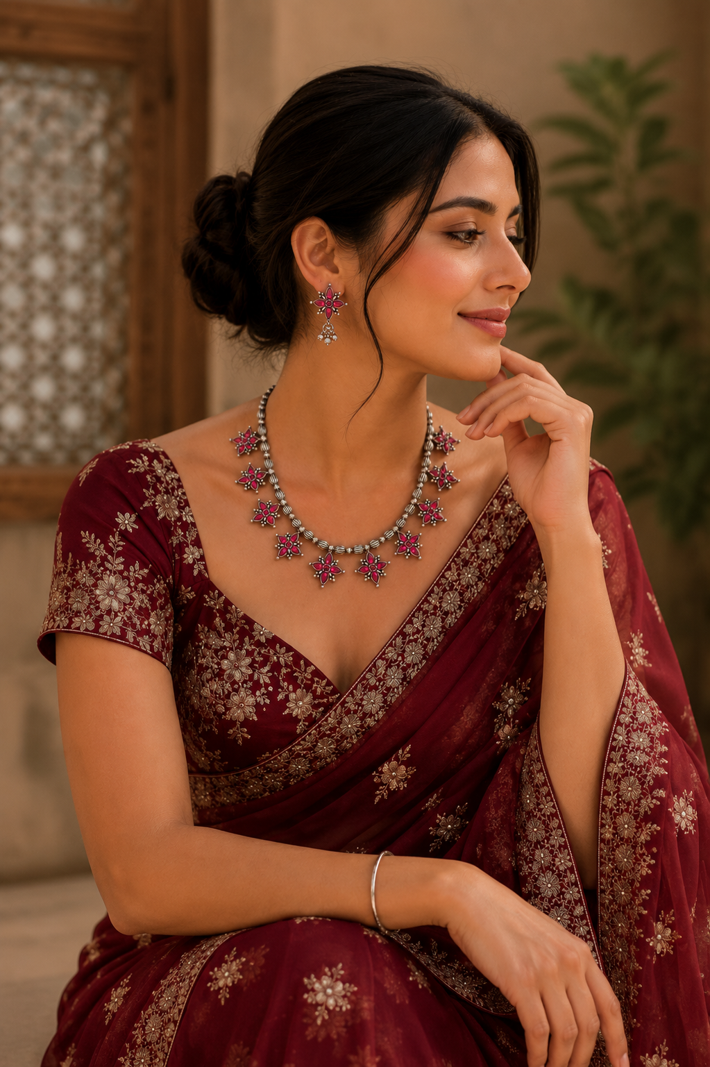 Pink Floral Statement Necklace & Earring Set (Oxidised Finish)