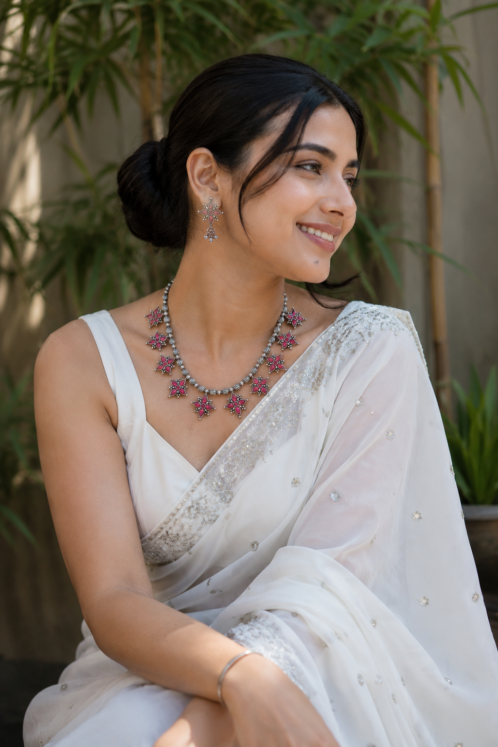 Pink Floral Statement Necklace & Earring Set (Oxidised Finish)