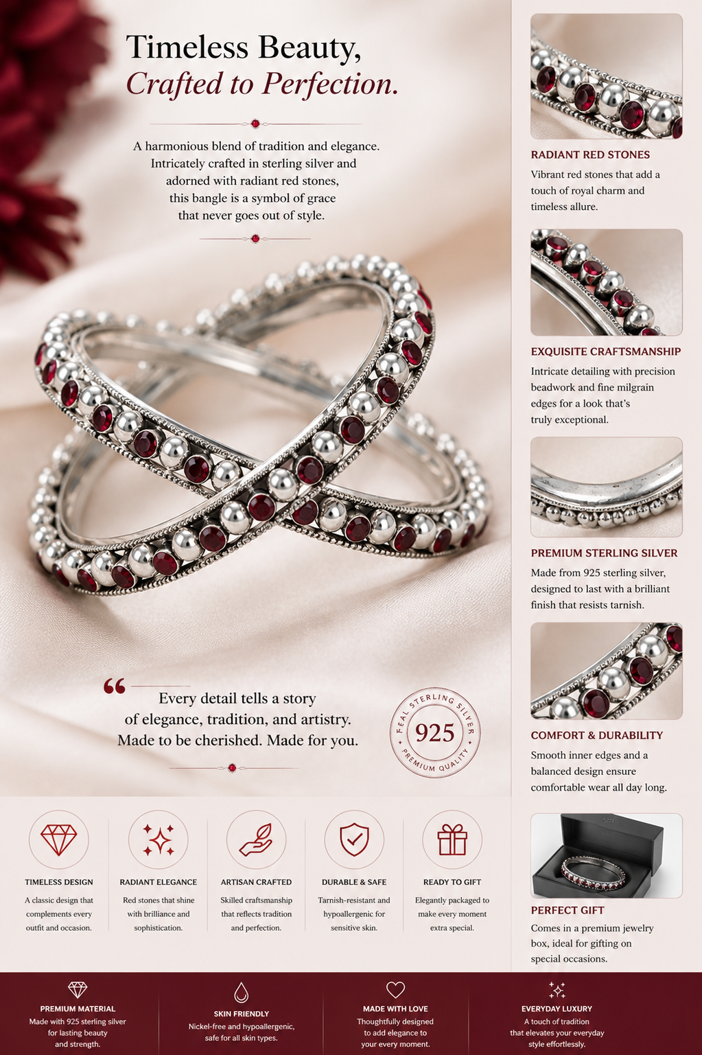 Oxidised Silver Beaded Bangles with Red Stone Detailing (Set of 2)
