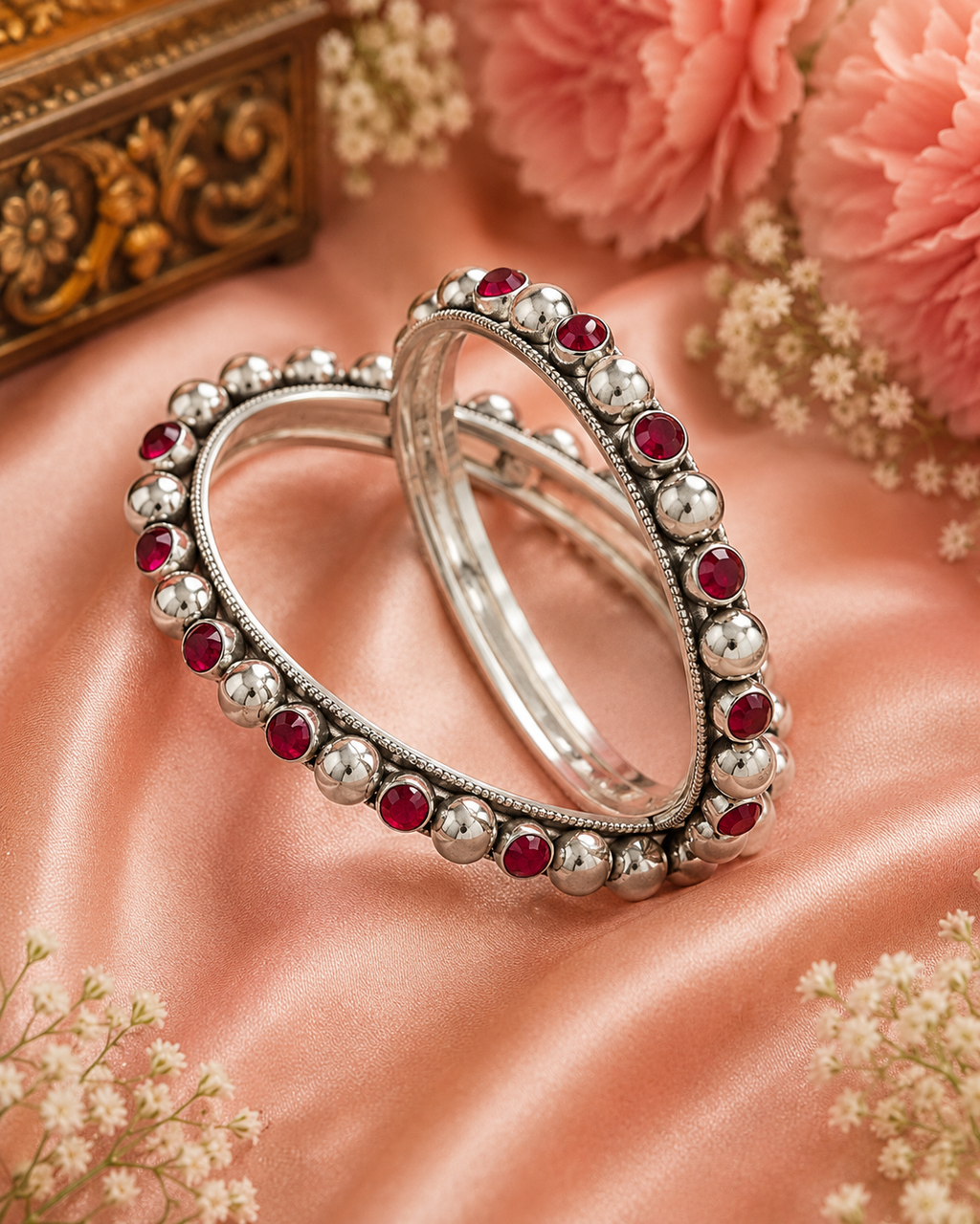 Oxidised Silver Beaded Bangles with Red Stone Detailing (Set of 2)