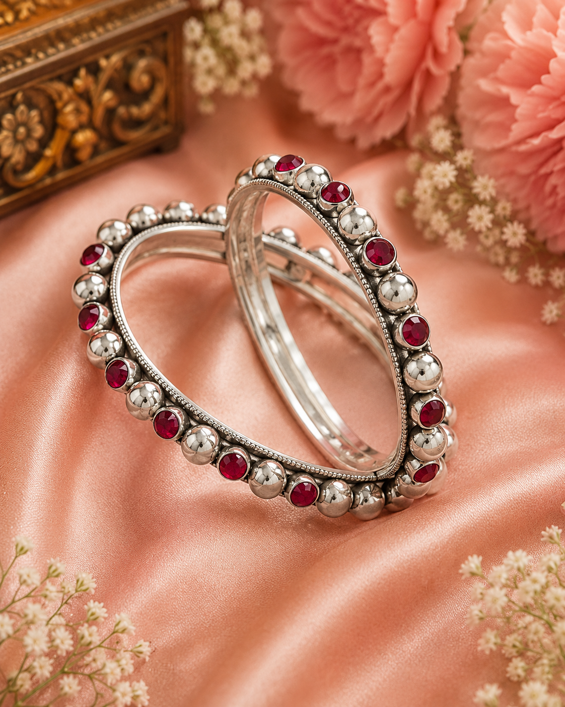 Oxidised Silver Beaded Bangles with Red Stone Detailing (Set of 2)
