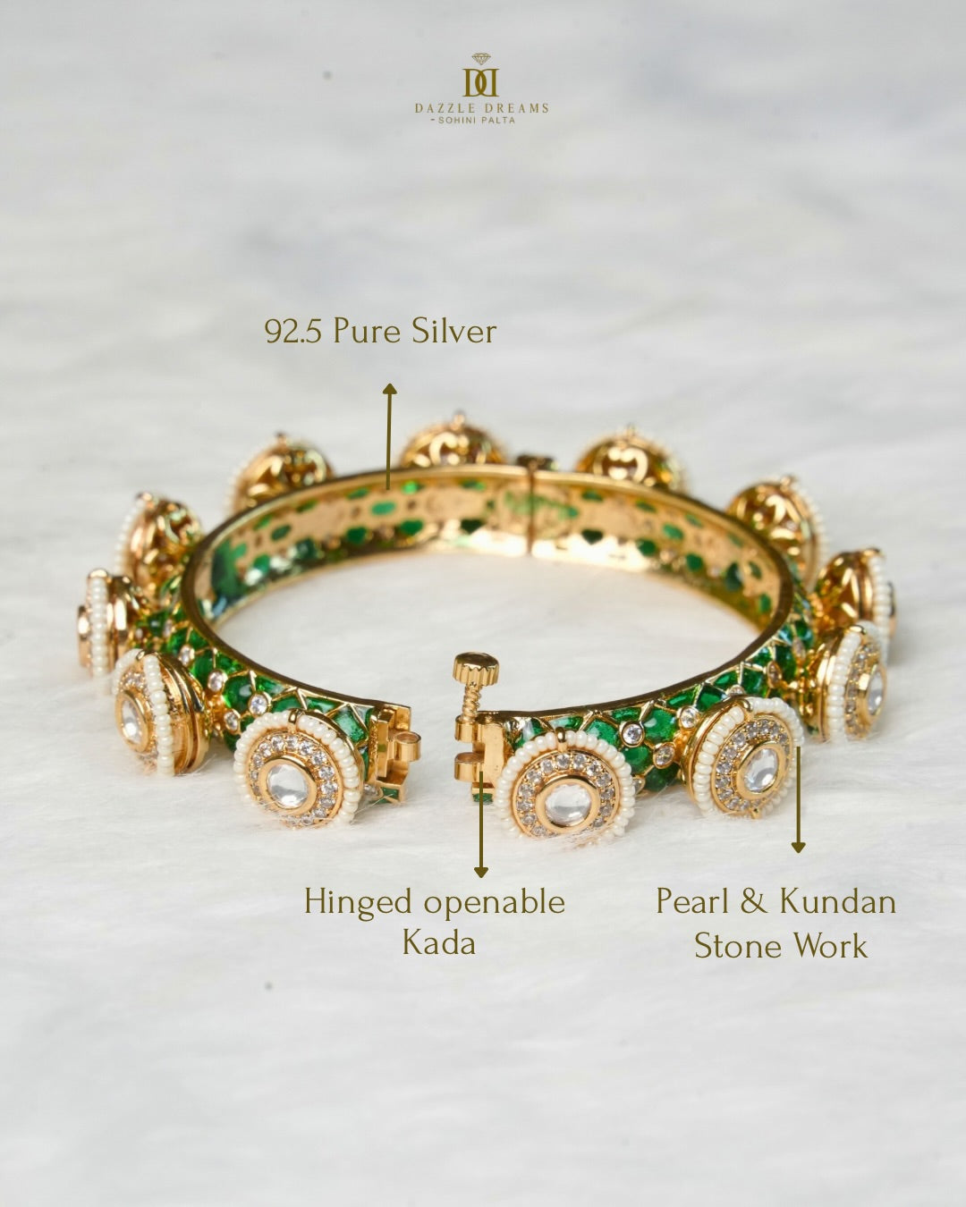 Emerald Chakra Kada – Hinged Silver Bangle with Green Enamel, Kundan & Pearl Work