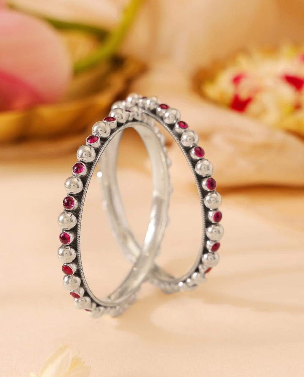 Oxidised Silver Beaded Bangles with Red Stone Detailing (Set of 2)