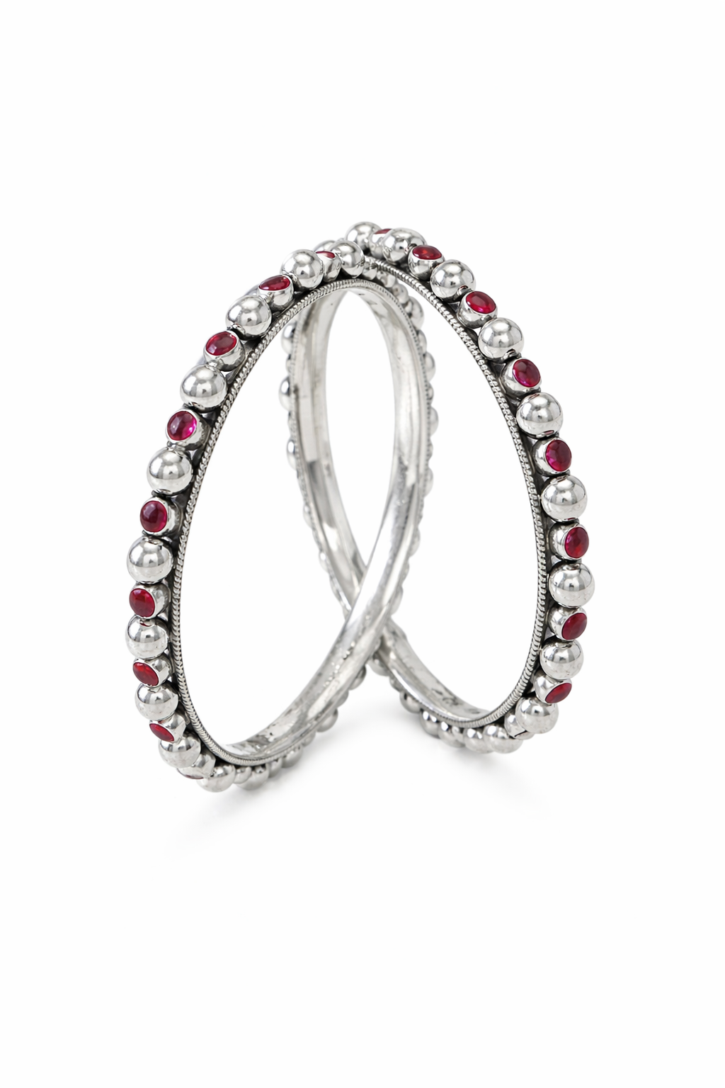 Oxidised Silver Beaded Bangles with Red Stone Detailing (Set of 2)