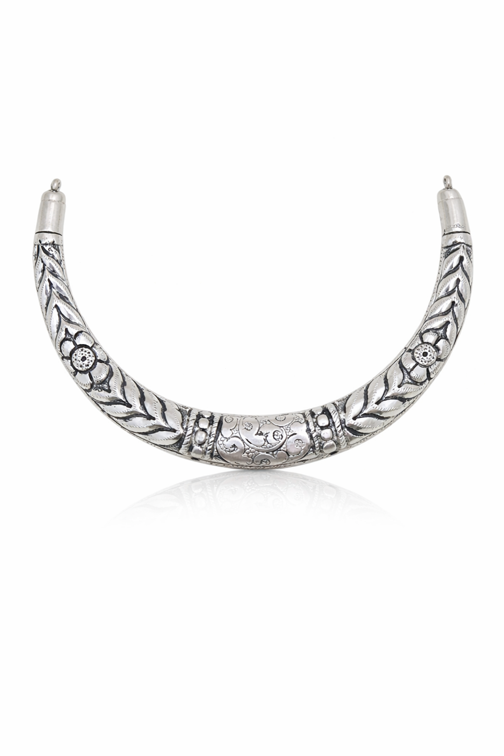Dual Tone Floral Engraved Oxidised Collar Necklace