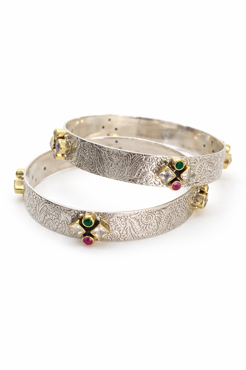 Elegant Dual-Tone Engraved Bangles with Color Stone Accents