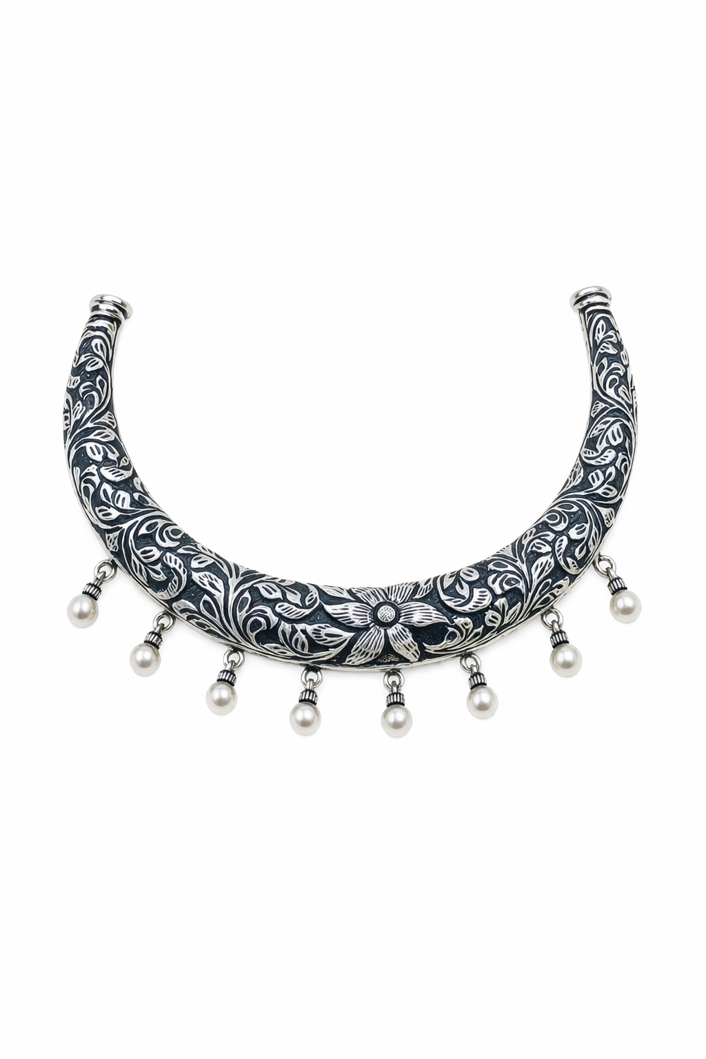 Oxidised Floral Collar Necklace with Pearl Drop Accents