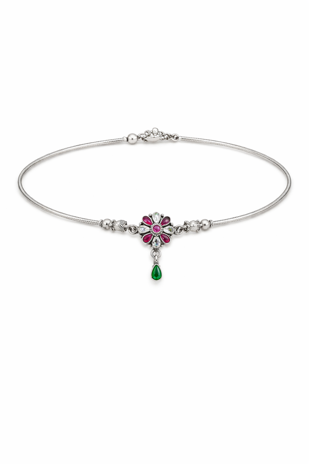 Floral Charm Anklet with Red Stones & Green Drop