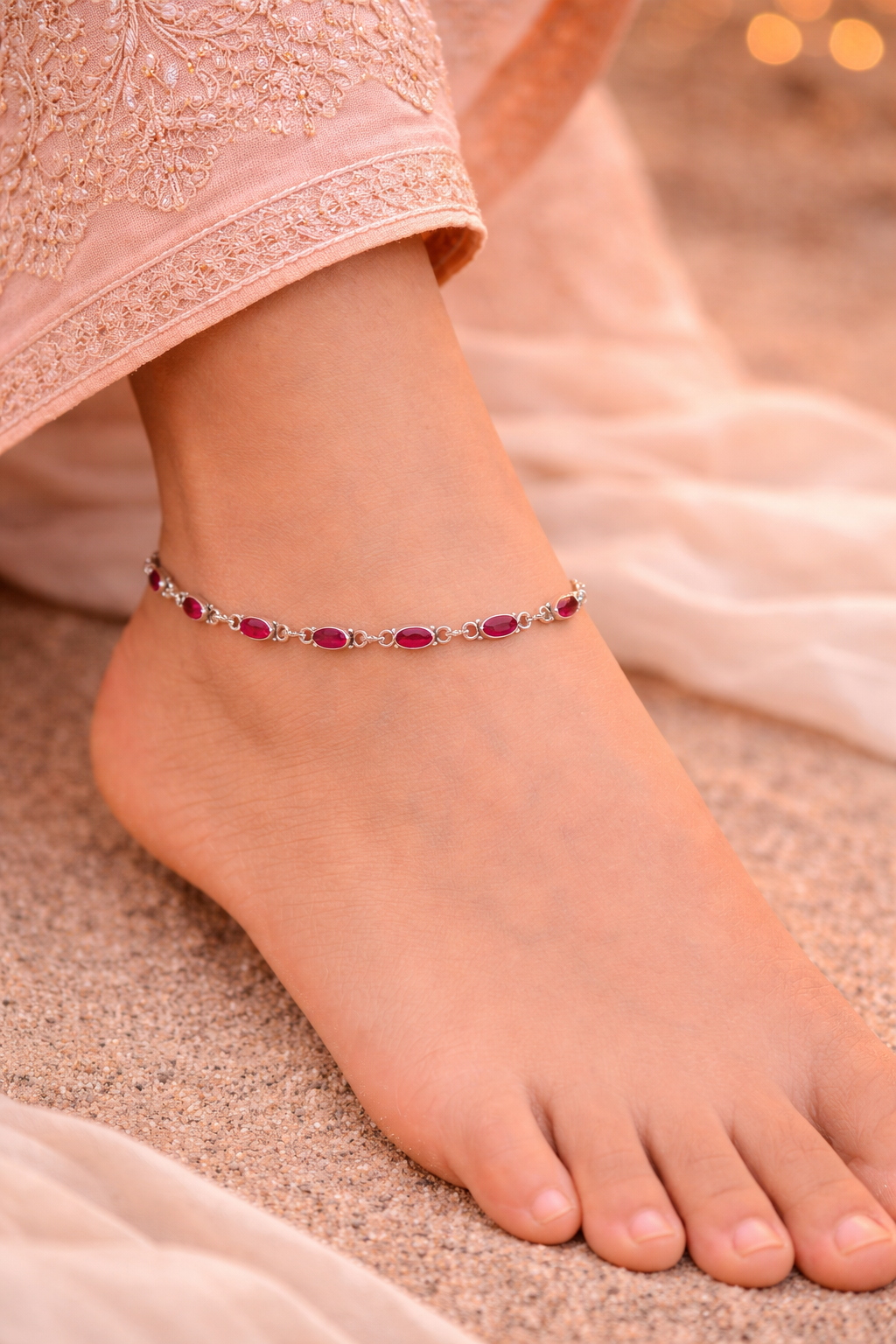 Ruby Stone Tennis Anklet in Silver Finish