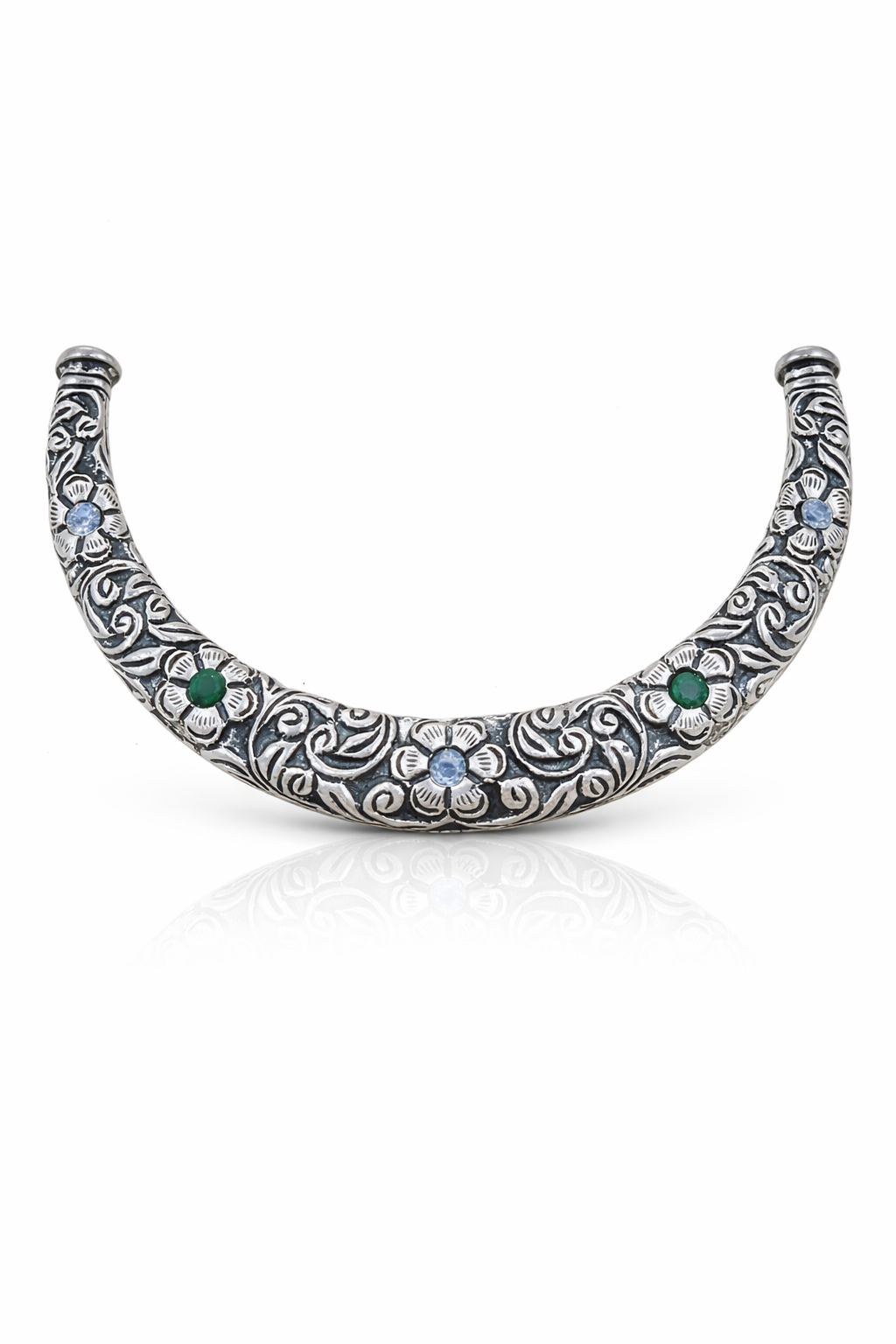 Oxidised Floral Collar Necklace with Dual-Tone Stone Accents