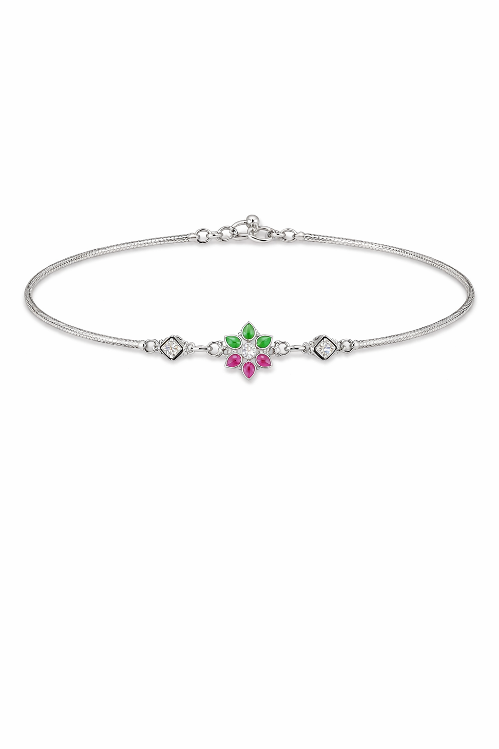 Dual-Tone Floral Anklet with Ruby & Emerald Accents