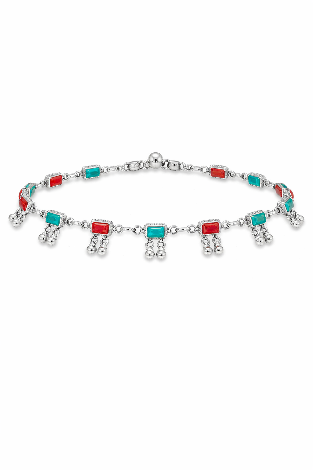Traditional Dual Stone Anklet with Hanging Beads – Festive Silver Payal